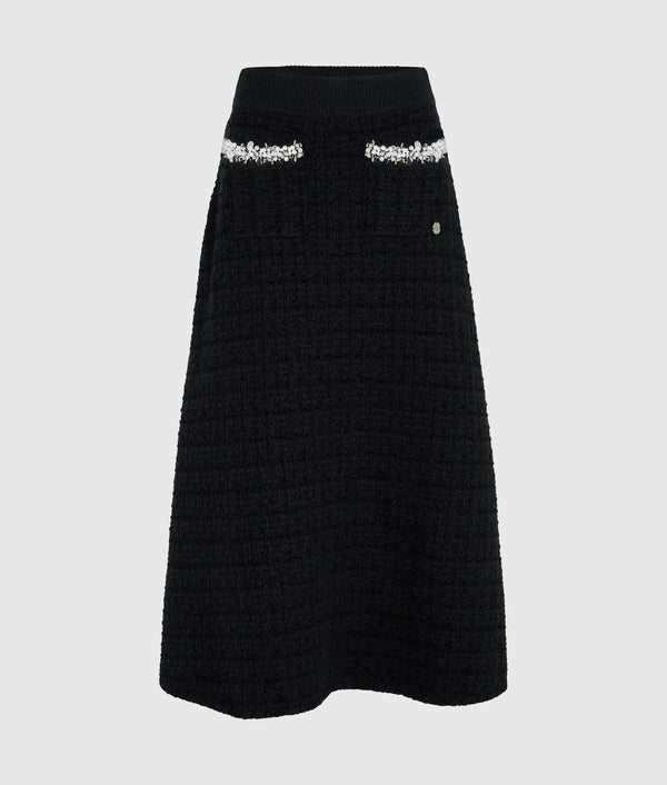 Faux-pearl midi knitted skirt