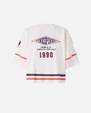 Cropped T-shirt with V-neck and branded patches