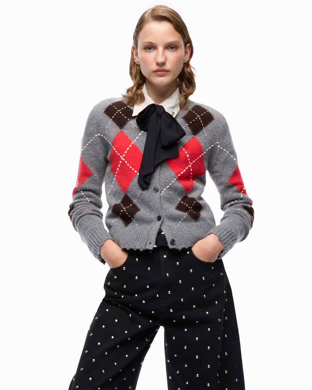 Wool and cashmere crew-neck cardigan with diamond motif