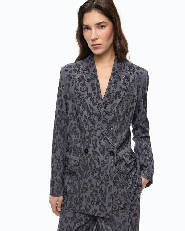 Double-breasted jacket with rhinestones and jaguar motif