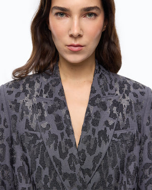 Double-breasted jacket with rhinestones and jaguar motif