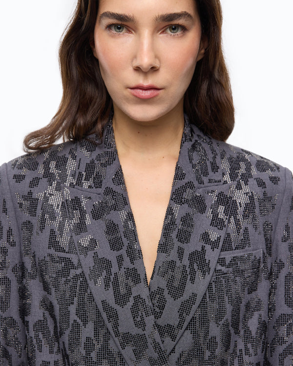 Double-breasted jacket with rhinestones and jaguar motif