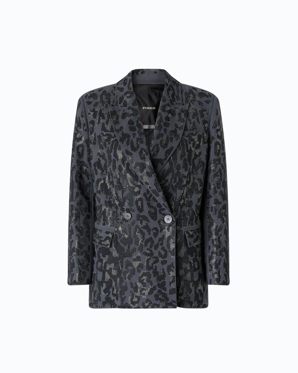 Double-breasted jacket with rhinestones and jaguar motif