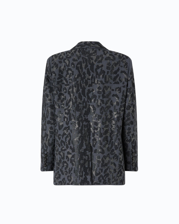 Double-breasted jacket with rhinestones and jaguar motif