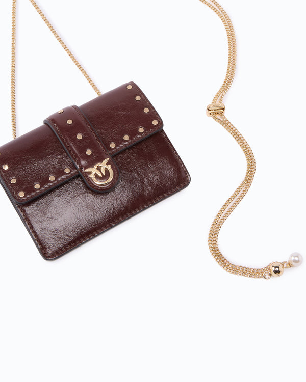 Love Pocket card holder in leather with chain shoulder strap