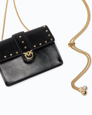 Love Pocket card holder in leather with chain shoulder strap