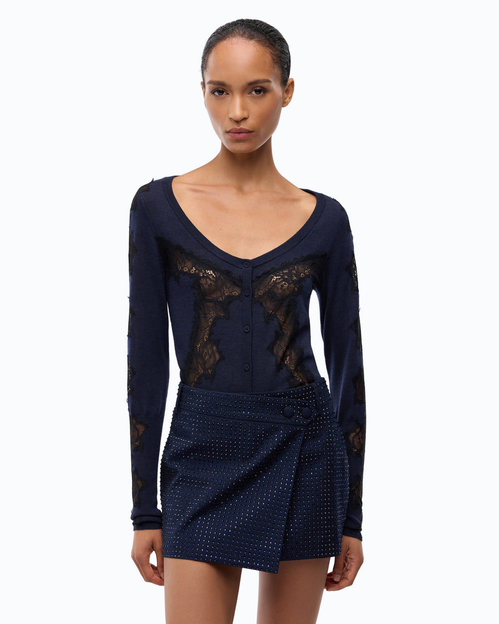 Wool cardigan with lace inserts