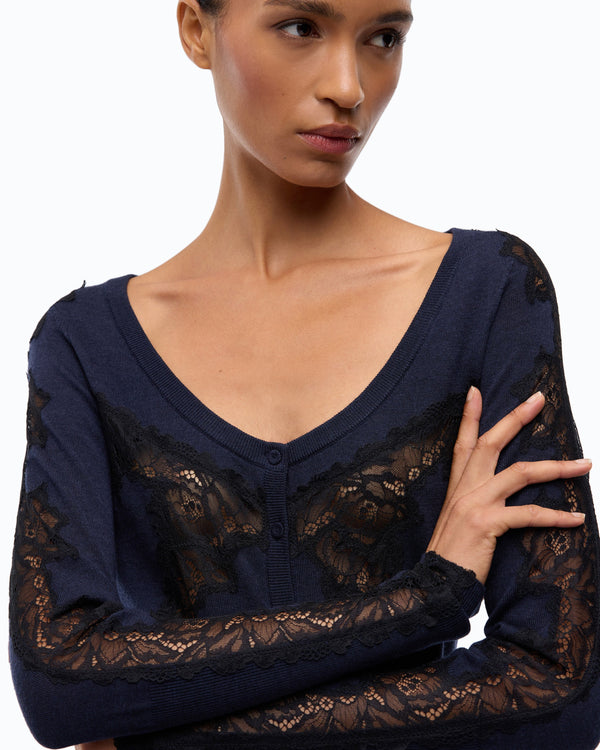 Wool cardigan with lace inserts