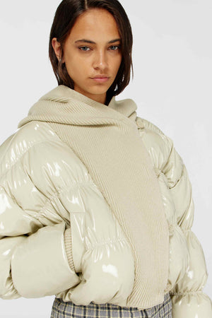 Beige Glossy Puffer Jacket With Maxi Knitted Hood - Diesel
