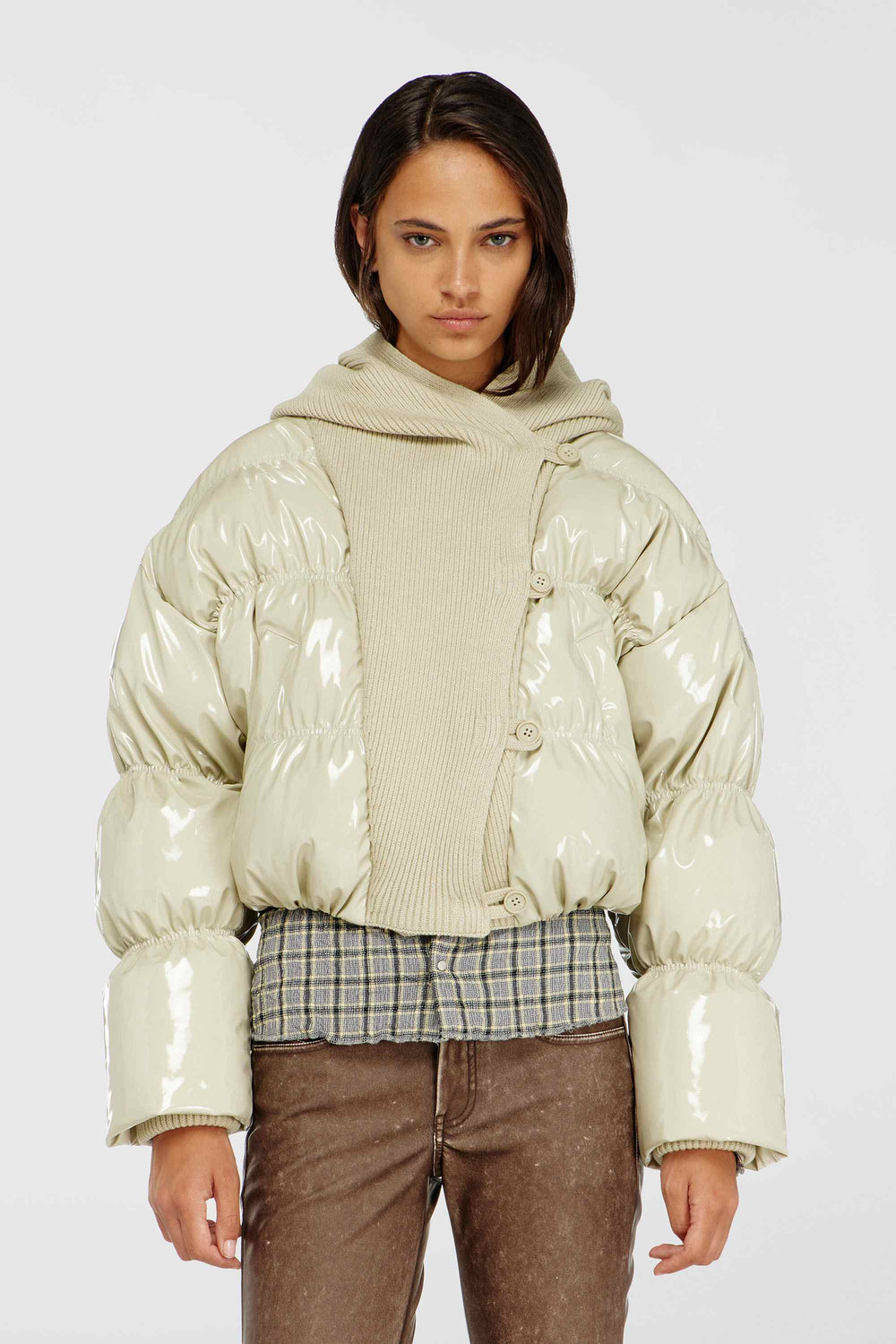 Beige Glossy Puffer Jacket With Maxi Knitted Hood - Diesel