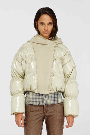 Beige Glossy Puffer Jacket With Maxi Knitted Hood - Diesel