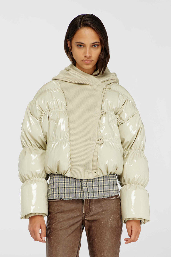 Beige Glossy Puffer Jacket With Maxi Knitted Hood - Diesel
