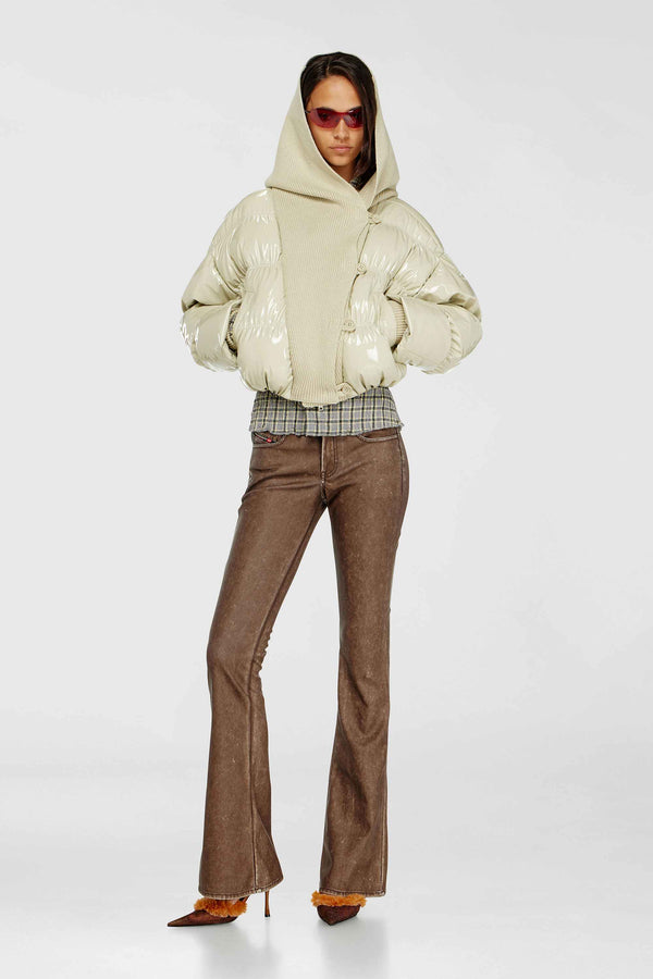 Beige Glossy Puffer Jacket With Maxi Knitted Hood - Diesel
