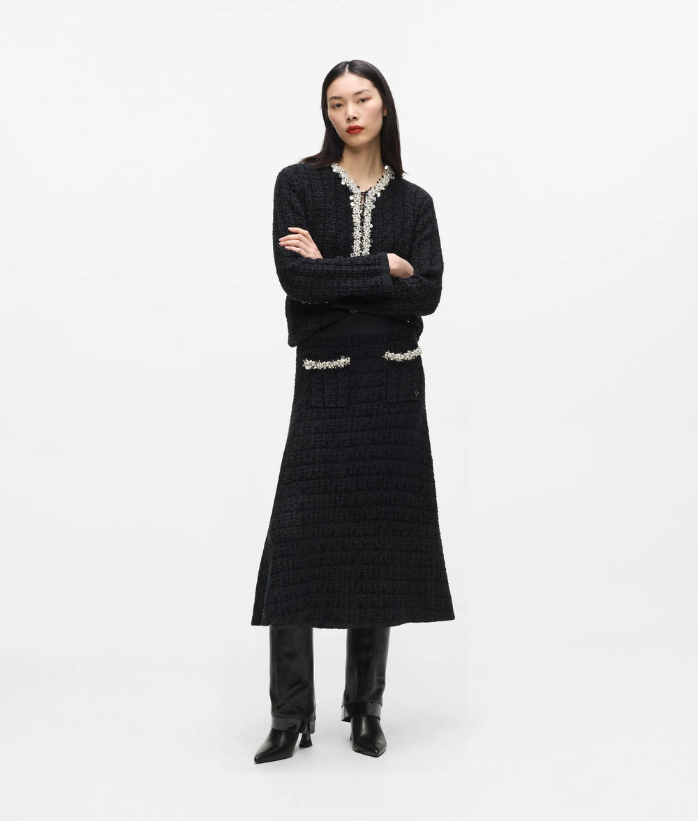 Faux-pearl midi knitted skirt