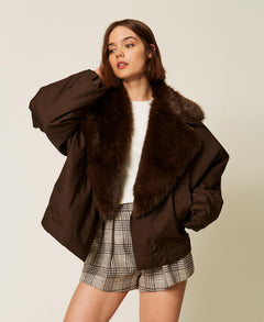 Gabardine jacket with faux fur collar