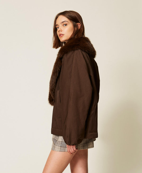 Gabardine jacket with faux fur collar