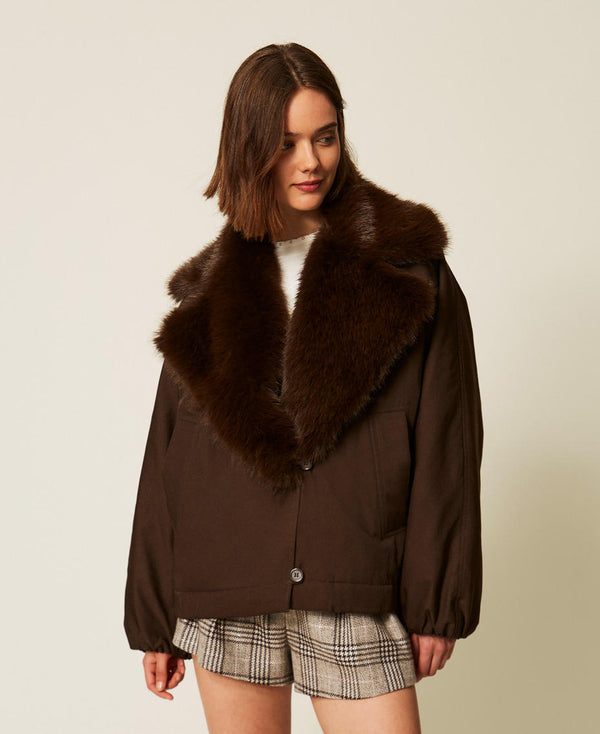 Gabardine jacket with faux fur collar