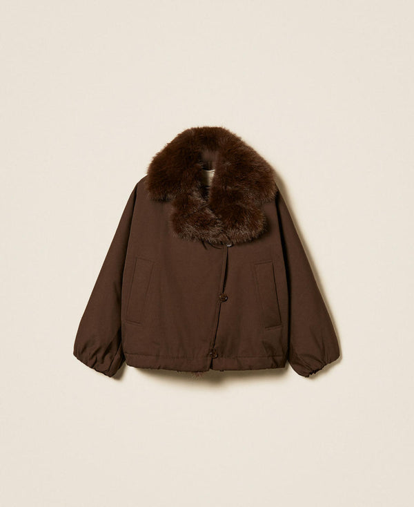 Gabardine jacket with faux fur collar