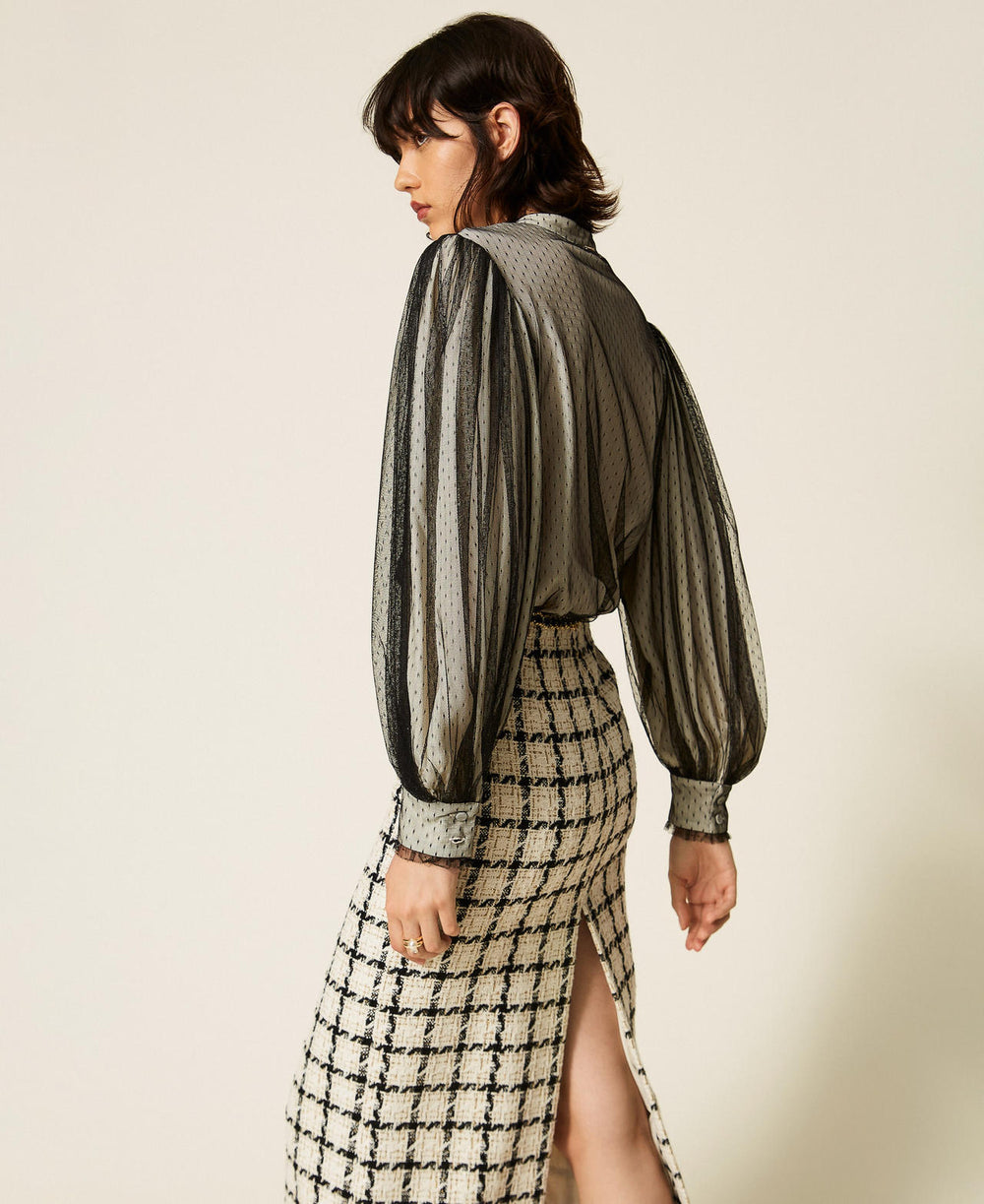 Crêpe de Chine shirt with plumetis tulle