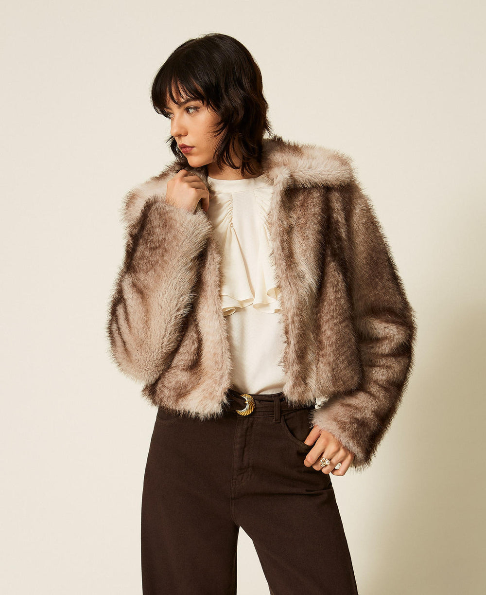 Faux fur jacket with fadeout print