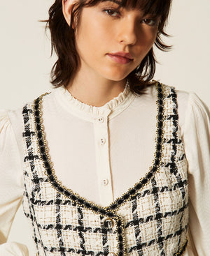 Short bouclé top with check pattern