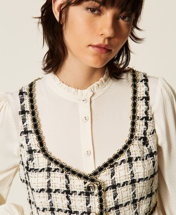 Short bouclé top with check pattern