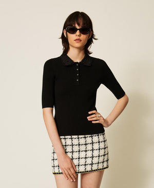Polo shirt with broderie anglaise collar