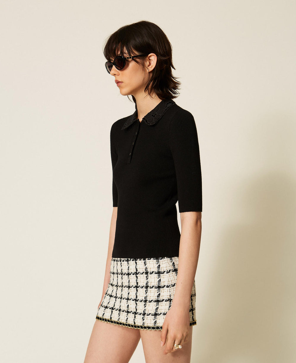 Polo shirt with broderie anglaise collar