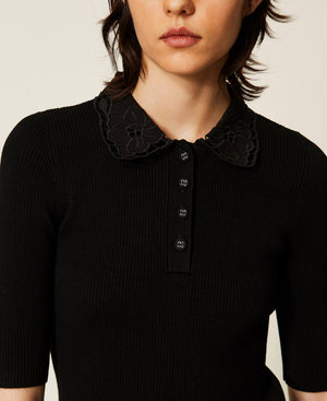 Polo shirt with broderie anglaise collar