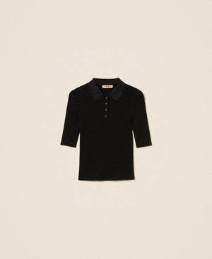Polo shirt with broderie anglaise collar