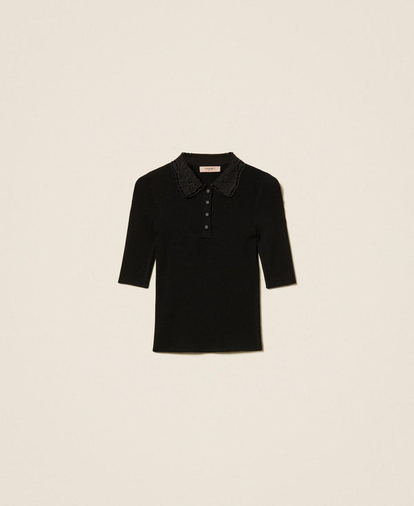 Polo shirt with broderie anglaise collar