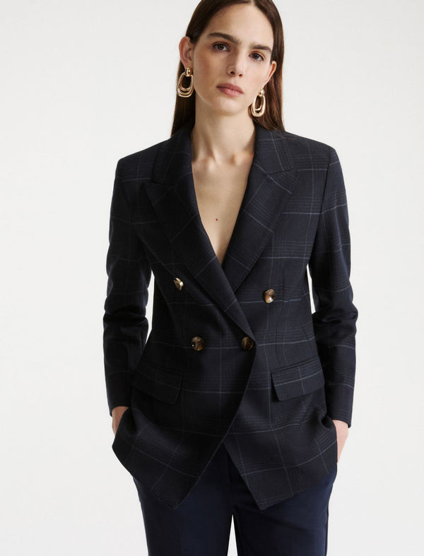 Double-breasted stretch wool-blend blazer - NAVY