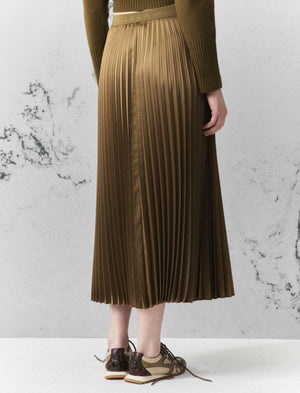 Pleated satin skirt - OIL GREEN