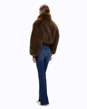 Short technical satin and faux fur bomber jacket