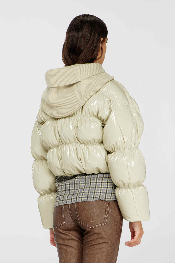 Beige Glossy Puffer Jacket With Maxi Knitted Hood - Diesel