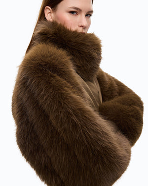 Short technical satin and faux fur bomber jacket