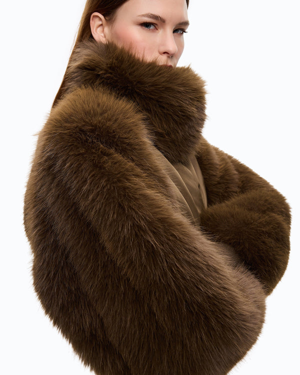 Short technical satin and faux fur bomber jacket
