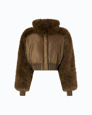 Short technical satin and faux fur bomber jacket