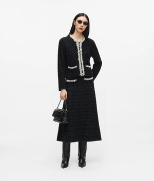 Faux-pearl midi knitted skirt