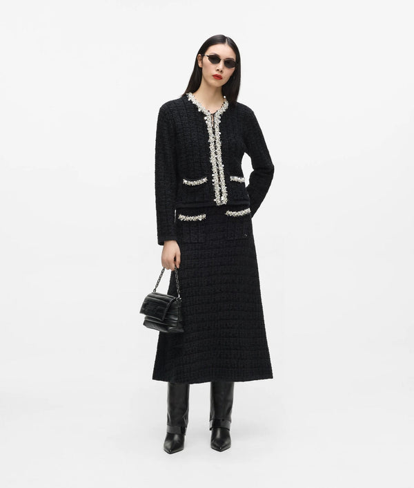 Faux-pearl midi knitted skirt
