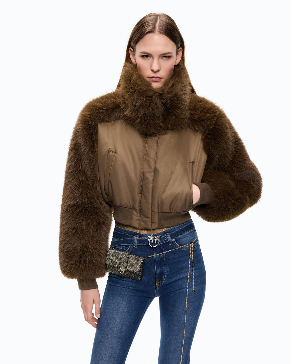 Short technical satin and faux fur bomber jacket