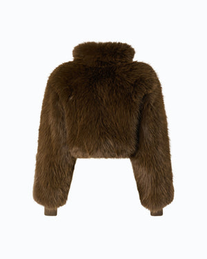 Short technical satin and faux fur bomber jacket