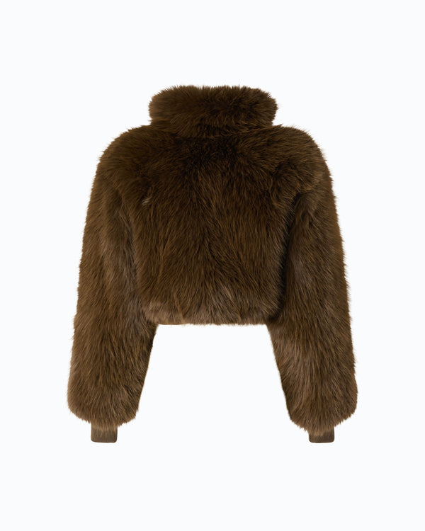 Short technical satin and faux fur bomber jacket