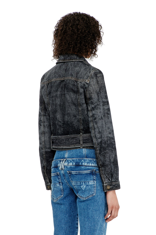 Cropped denim jacket with belt
