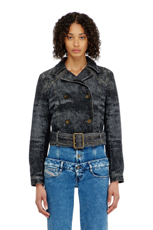 Cropped denim jacket with belt