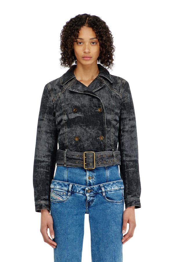 Cropped denim jacket with belt