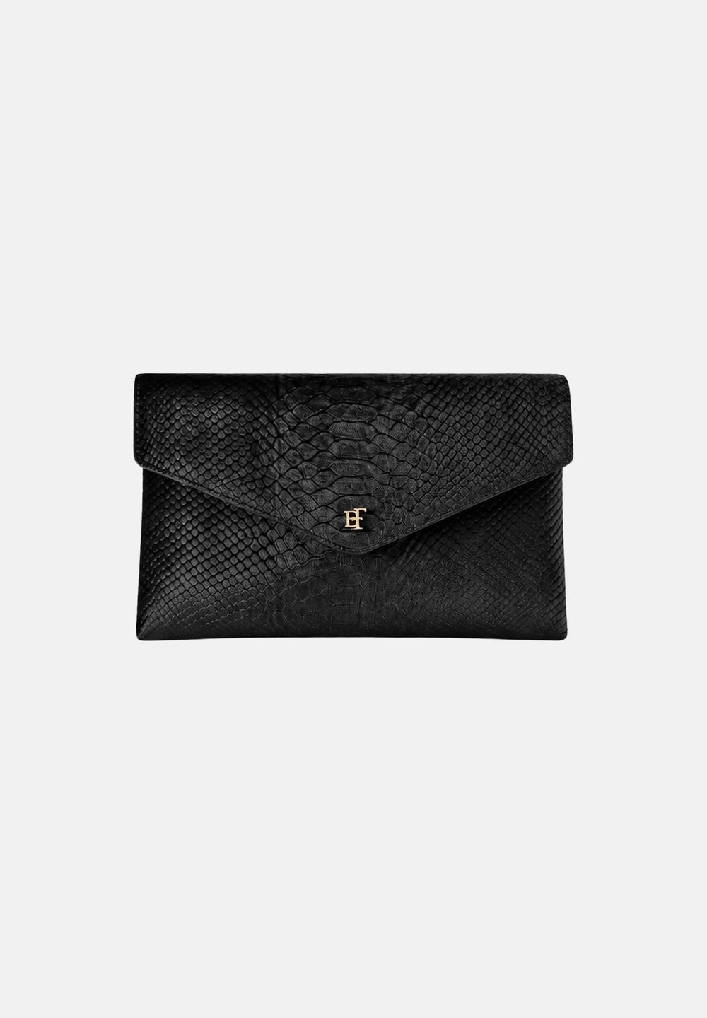ELISABETTA FRANCHI Women's black clutch with crocodile print, gourmette chain, and patent leather finishes.