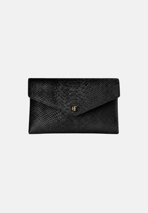 ELISABETTA FRANCHI Women's black clutch with crocodile print, gourmette chain, and patent leather finishes.