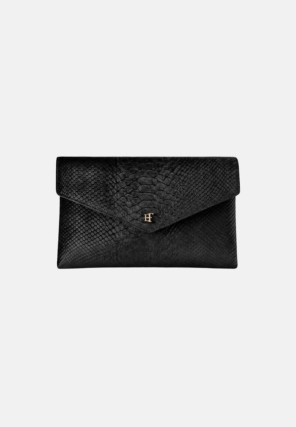 ELISABETTA FRANCHI Women's black clutch with crocodile print, gourmette chain, and patent leather finishes.