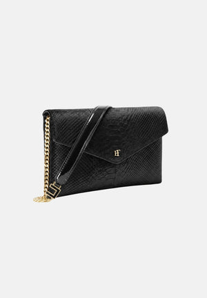 ELISABETTA FRANCHI Women's black clutch with crocodile print, gourmette chain, and patent leather finishes.